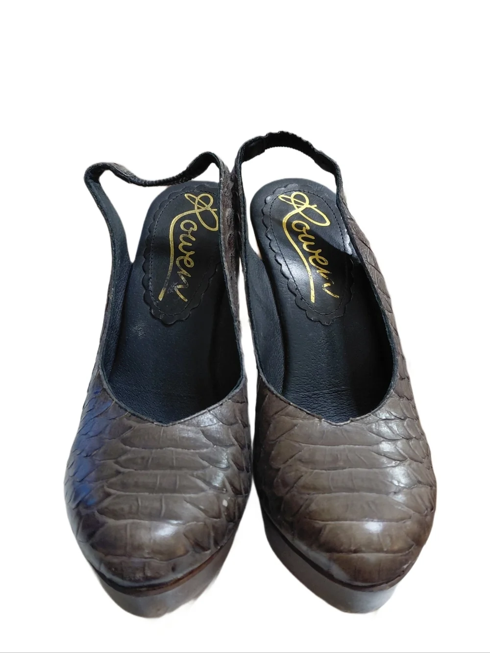 Vintage Rowen Brown Python Textured Leather Wooden Wedge Slingback Shoes Size